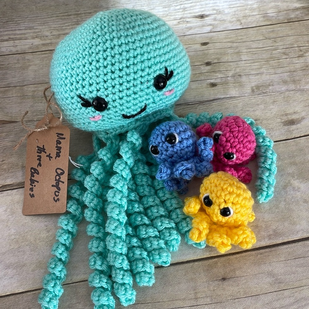 Octopus Mama & Three Babies Amigurumi Handmade Crochet Set